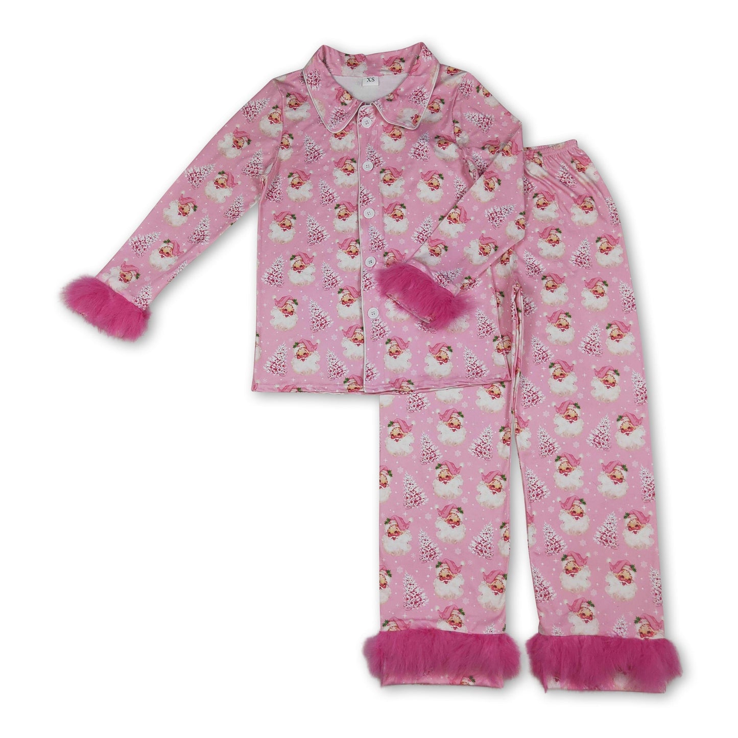 Weihnachtsbaum Weihnachtsmann Fell-Damen-Button-Down-Pyjama