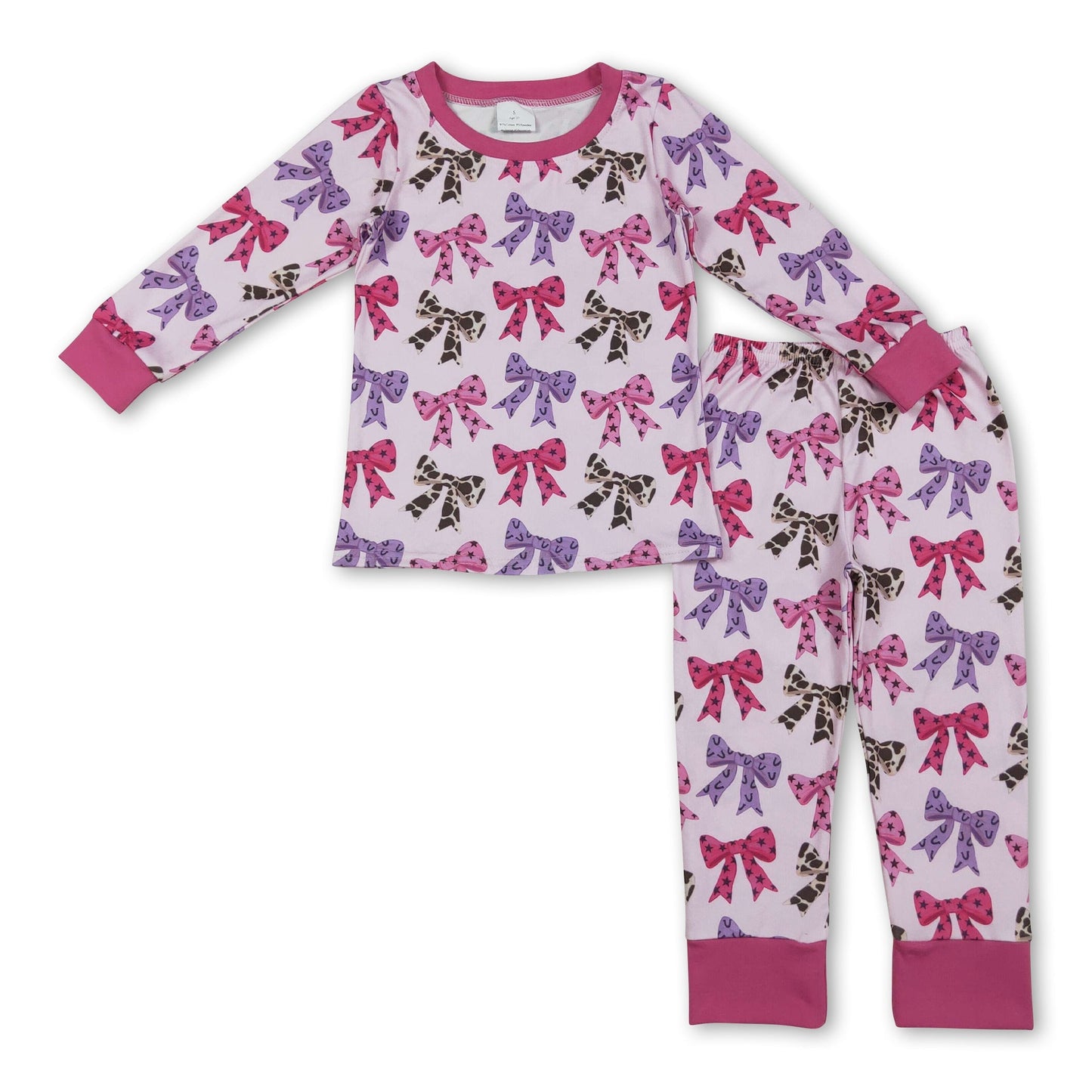 Rosa Langarm-Pyjama für Mädchen mit Kuh-, Stern- und Schleifenmuster