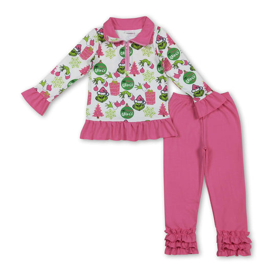 Geschenk grüne Gesichts-Reißverschluss-Pullover-Leggings für Mädchen Weihnachts-Pyjamas