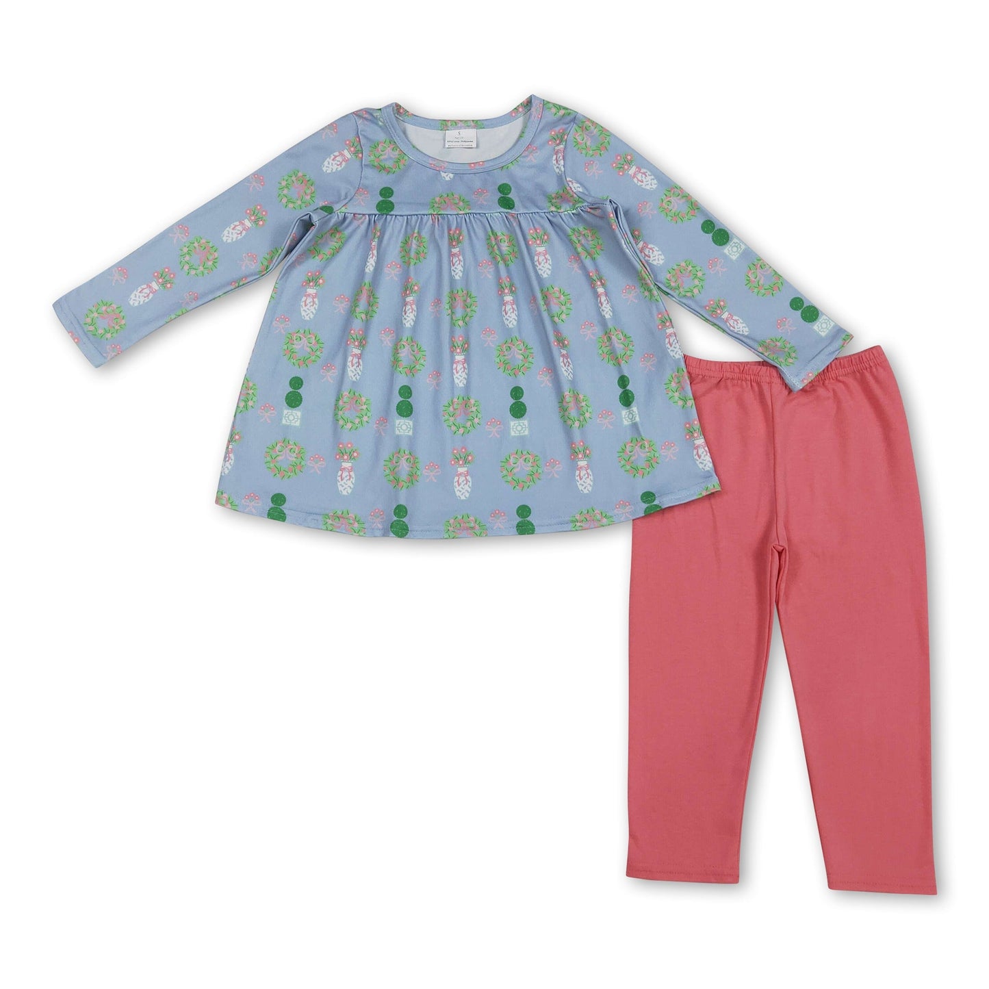 Langarm-Blumen-Schleifen-Tunika-Leggings-Mädchenkleidung