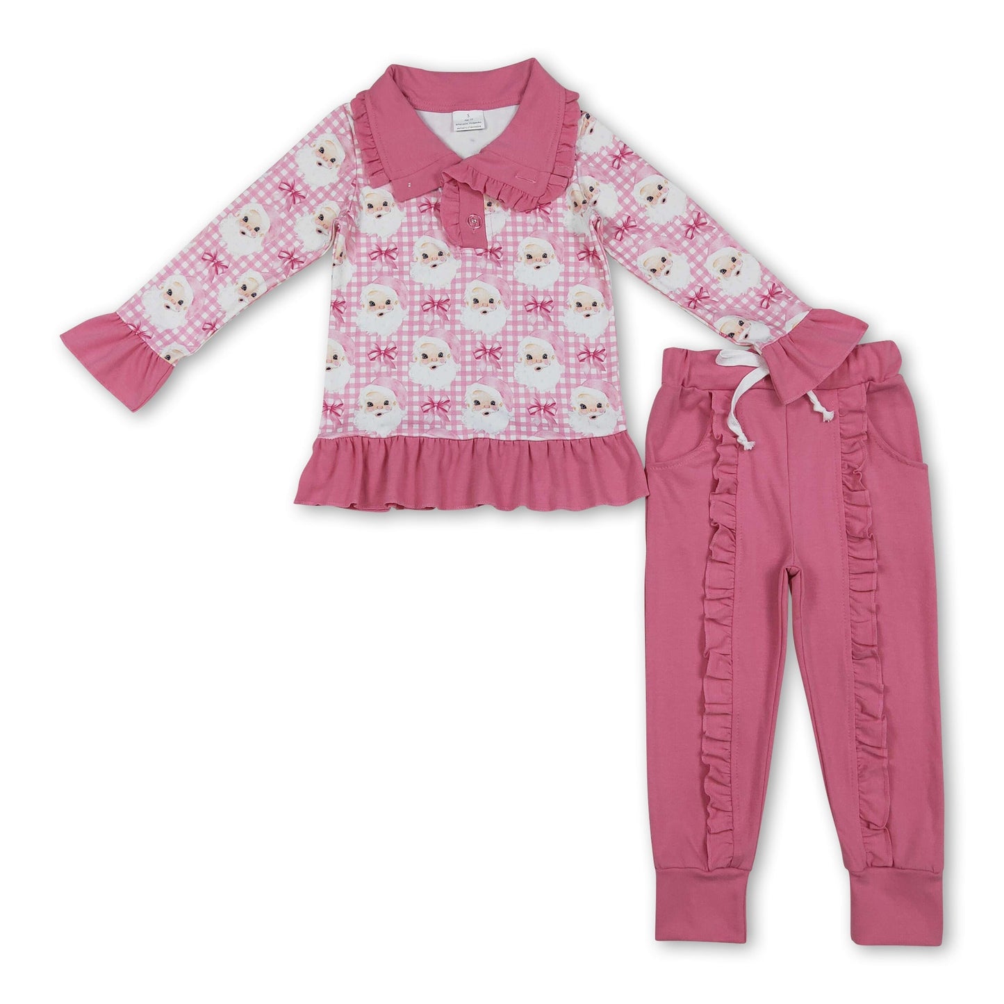 Pink kariertes Weihnachtsmann-Schleifen-Pullover Rüschenhosen Mädchen Weihnachtsset