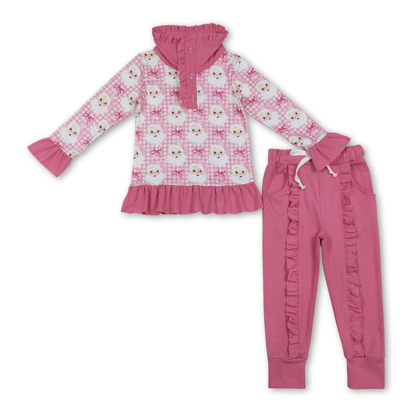 Pink kariertes Weihnachtsmann-Schleifen-Pullover Rüschenhosen Mädchen Weihnachtsset