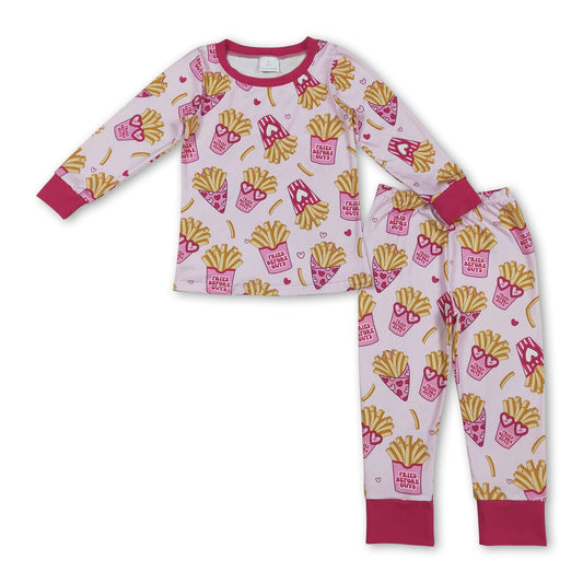 Herz Pommes Langarm Top Hose Kinder Mädchen Valentinstags Schlafanzug