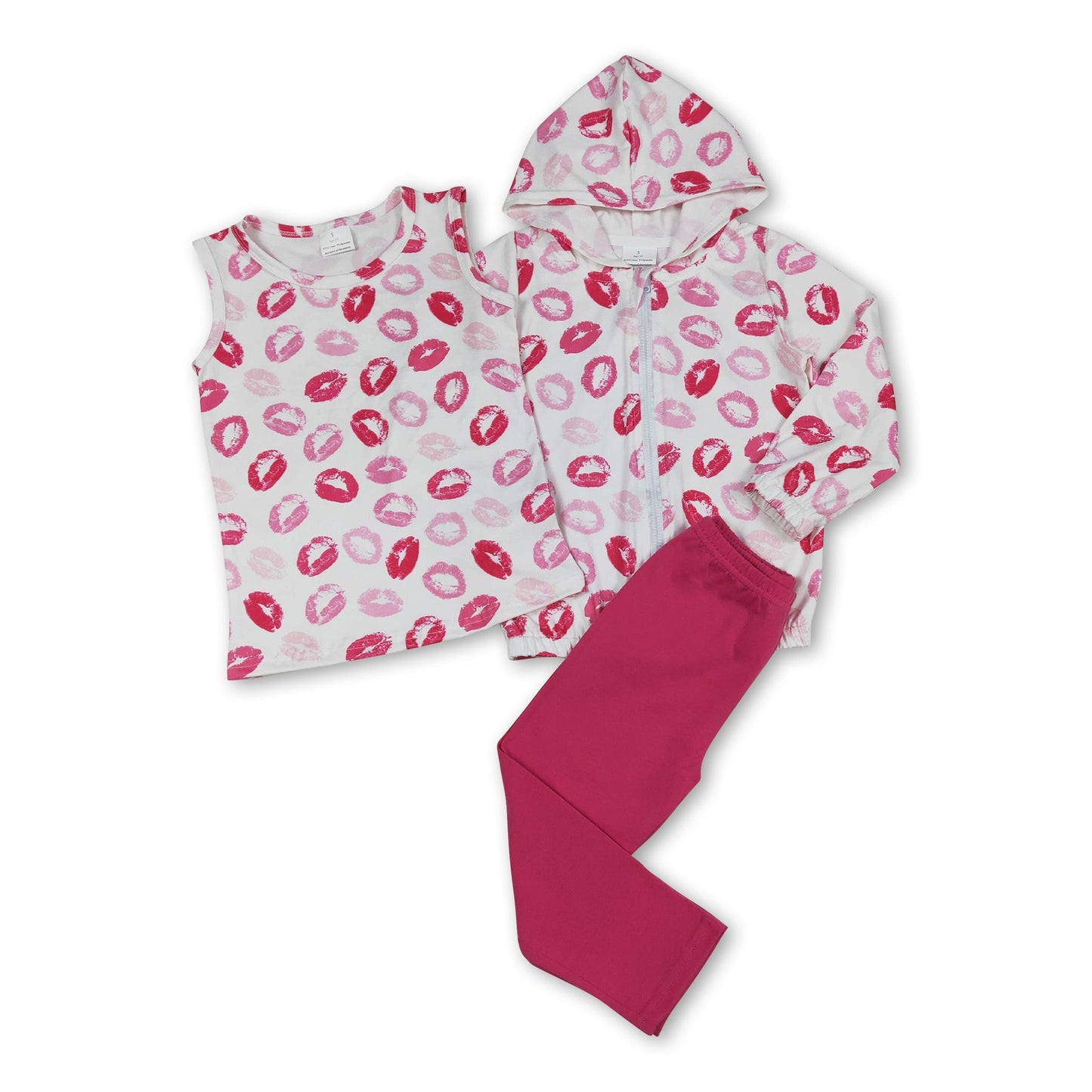 Dreiteiliges Set für Mädchen zum Valentinstag: Kapuzenjacke, Leggings und Oberteil