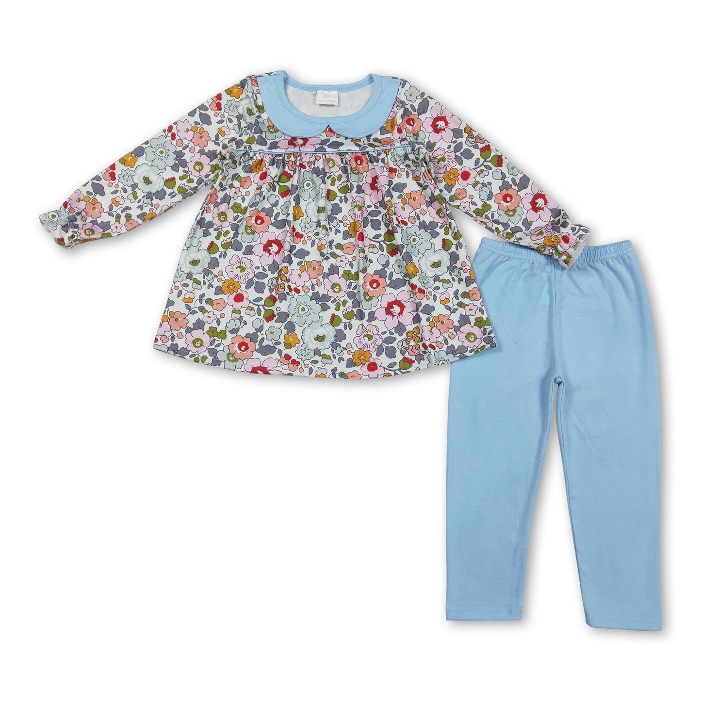 Langärmliges florales Tunika-Set, hellblaue Leggings, Mädchen-Outfits