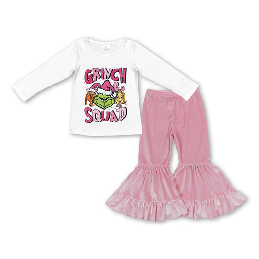 Weiß grünes Gesicht Oberteil pinke Samthose Mädchen Weihnachtsoutfits