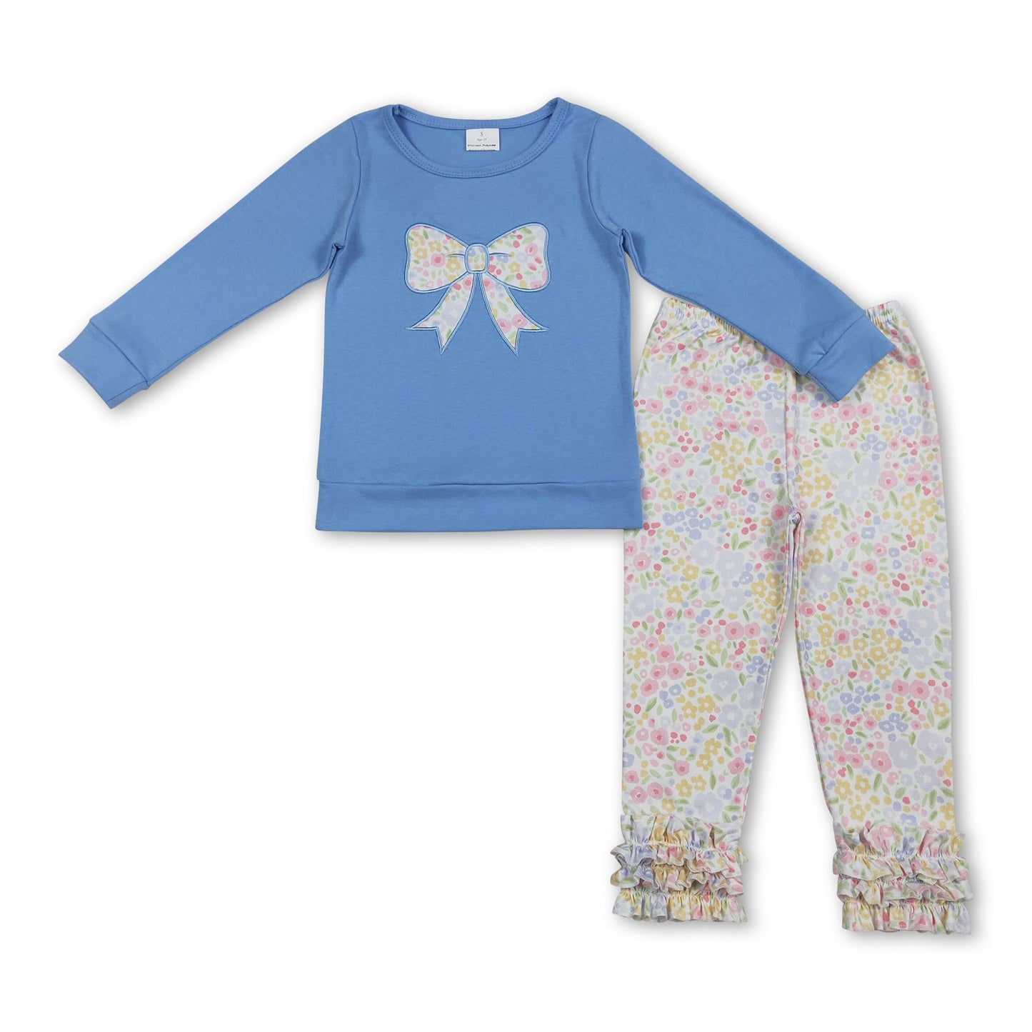 Blaues langärmliges Blumen-Schleifen-Oberteil Leggings Mädchen Kleider-Set