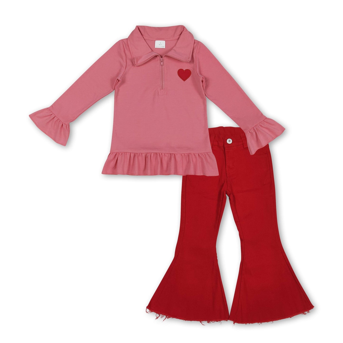 Roter Herzstickerei-Pullover Jeans Mädchen Valentinstags-Set