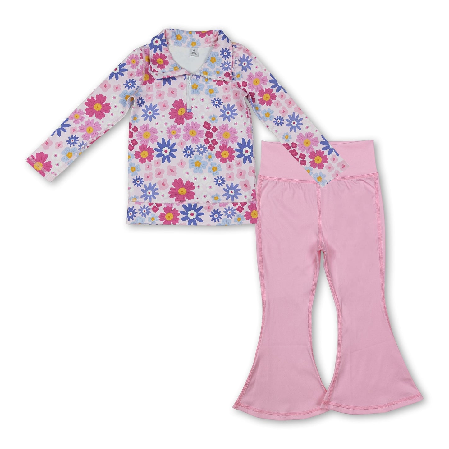Geblümter Reißverschluss-Pullover, rosa Hose, Mädchen, aktives Yoga-Set