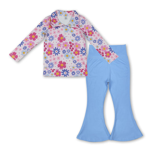 Floral zipper pullover blue pants girls active yoga set