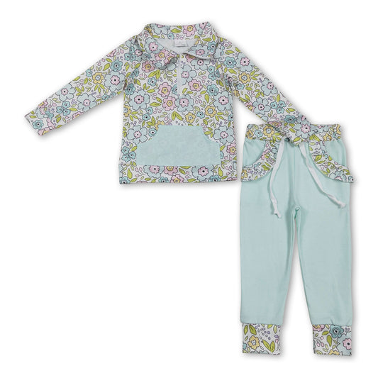 Blumenpullover Taschen Minzhose Mädchen-Outfits