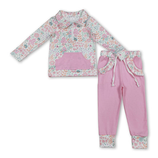 Geblümter Pullover Taschen pinke Hose Mädchen Outfits