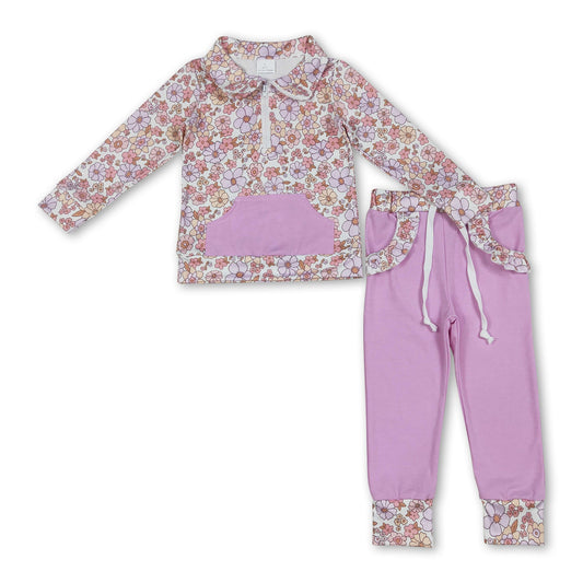 Blumenpullover Taschen lavendelfarbene Hose Mädchen-Outfits