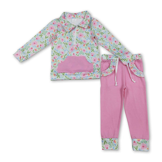 Blumiger Pullover Taschen Rüschenhose Kinder Mädchen Outfits