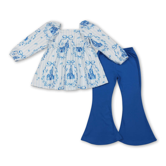 Gestreifte Schleife Schloss Tunika Hose Kinder Mädchen Kleidung Set