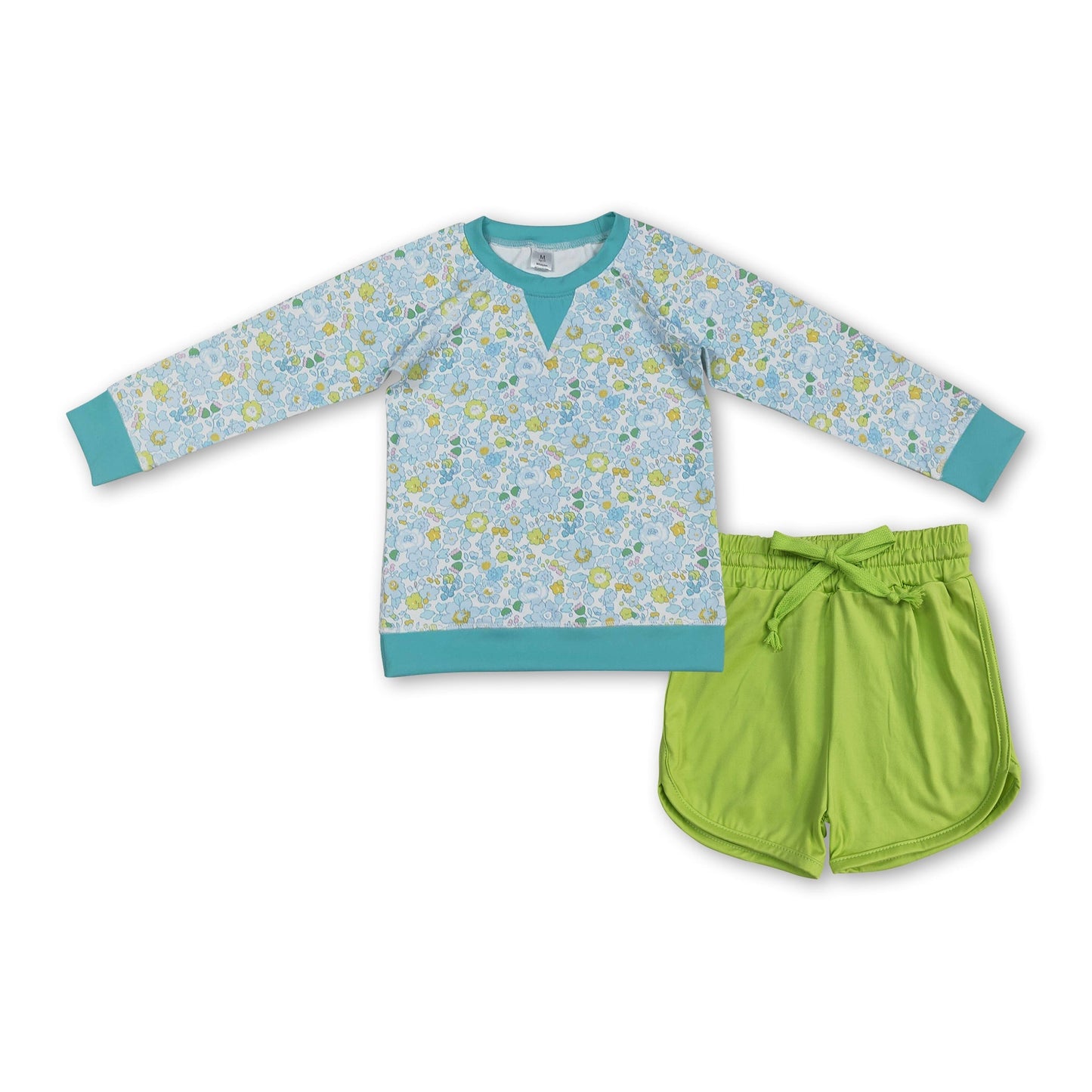 Langarm-Blumenoberteil grüne Shorts Mädchen Yoga-Kleidung