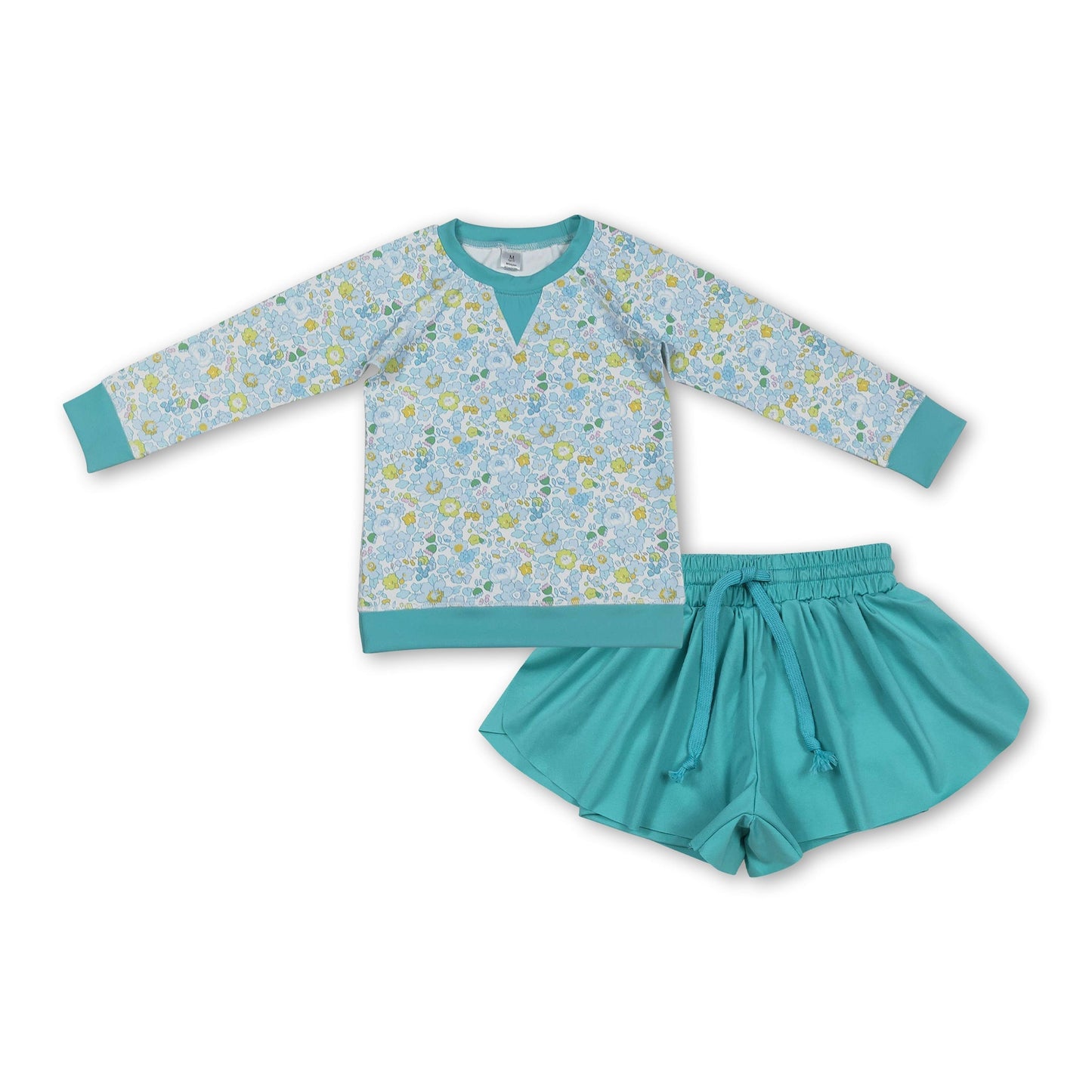 Langarm-Blumenoberteil mintfarbene Shorts Mädchen Yoga-Kleidung