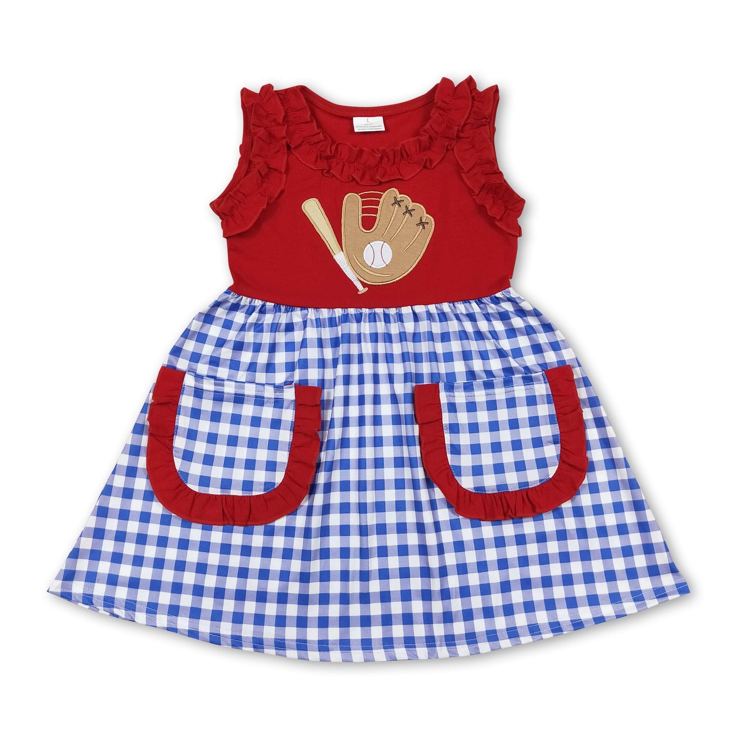 Rote Baseballkleider mit blauen Taschen für Baby-Mädchen