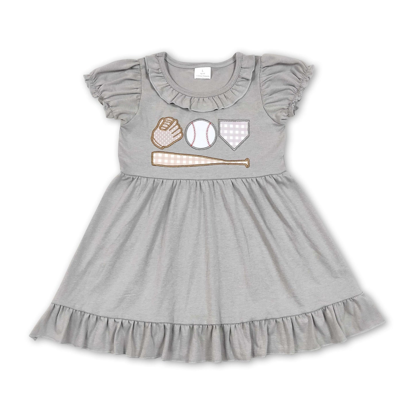 Graues, kurzärmeliges Mädchenkleid mit Baseball-Stickerei