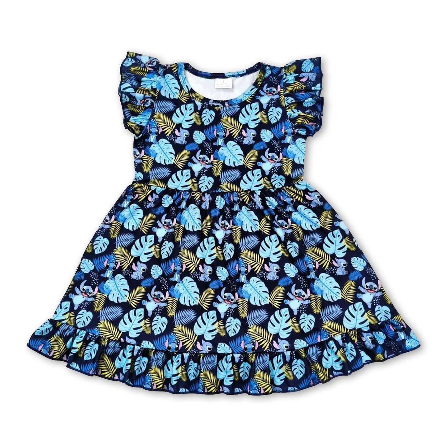 Blaues Koala-Sommerkleid für Mädchen mit Rüschenärmeln