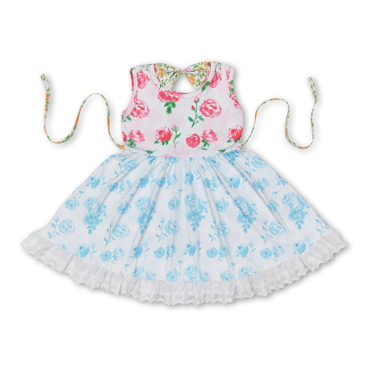 Ärmellose blau-rosa Mädchenkleider mit Blumenmuster