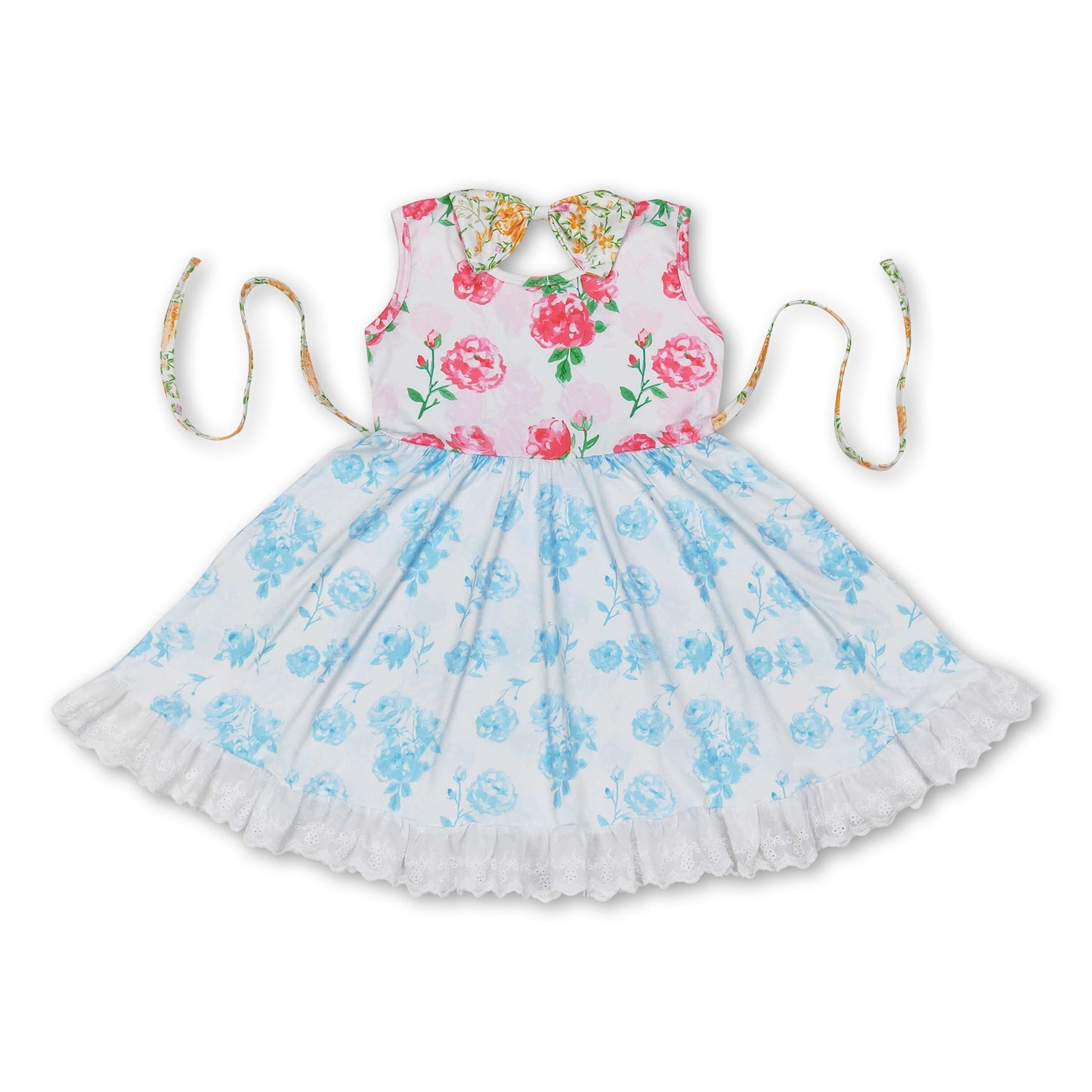 Ärmellose blau-rosa Mädchenkleider mit Blumenmuster