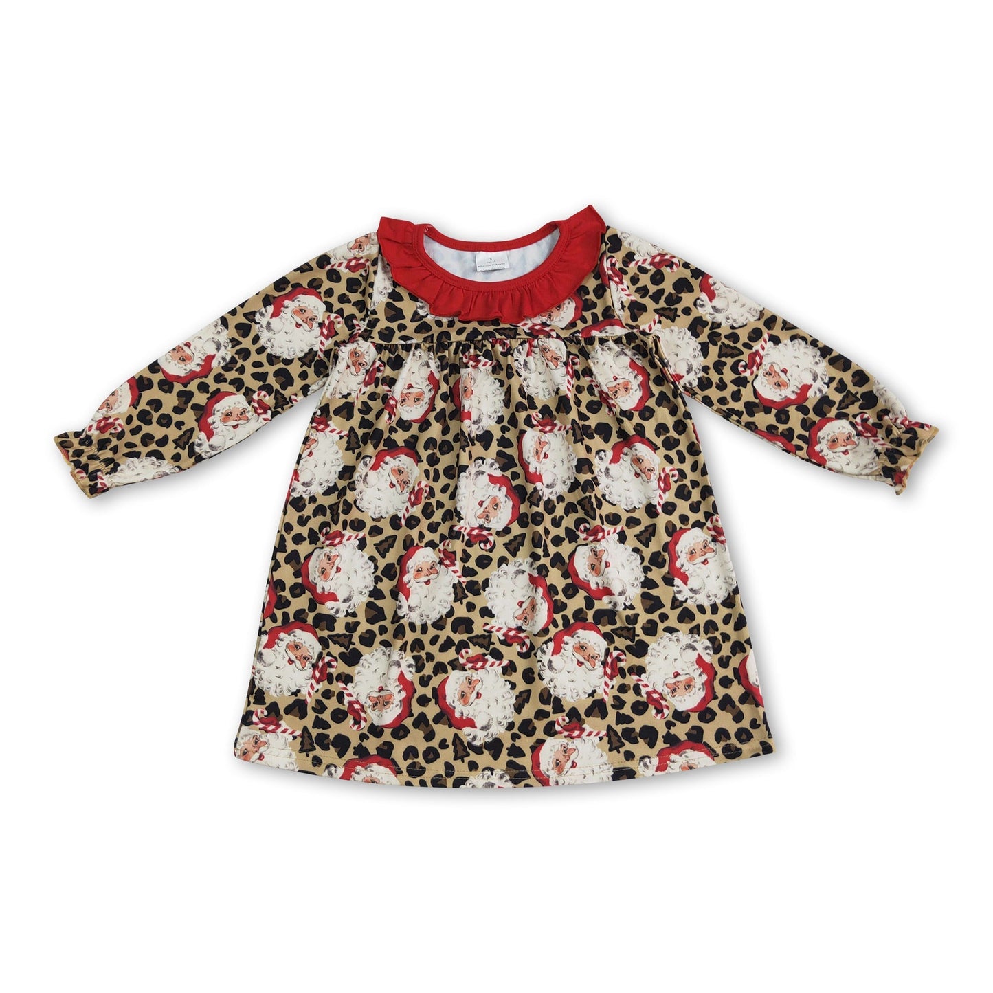 Langärmeliges rotes Rüschenkleid mit Leoparden-Weihnachtsmann-Muster für Mädchen