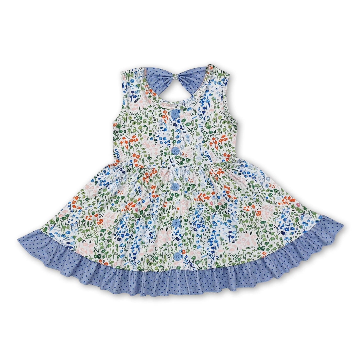 Ärmelloses Sommerkleid für Mädchen mit Tupfen, Rüschen und Blumenmuster