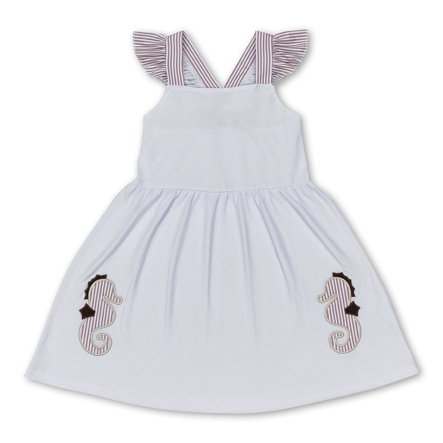 Gestreiftes Sommerkleid für Baby-Mädchen mit Rüschenärmeln und Seepferdchen-Motiv