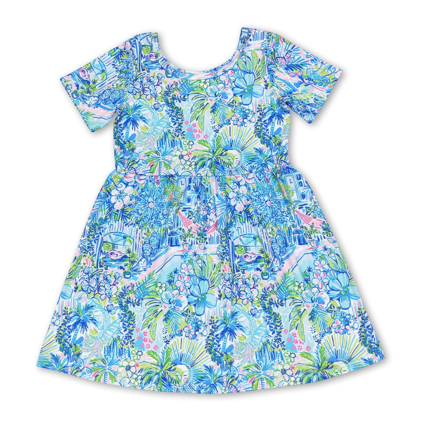 Kurzärmeliges blaues Mädchen-Sommerkleid mit Blumenmuster in Aquarelloptik
