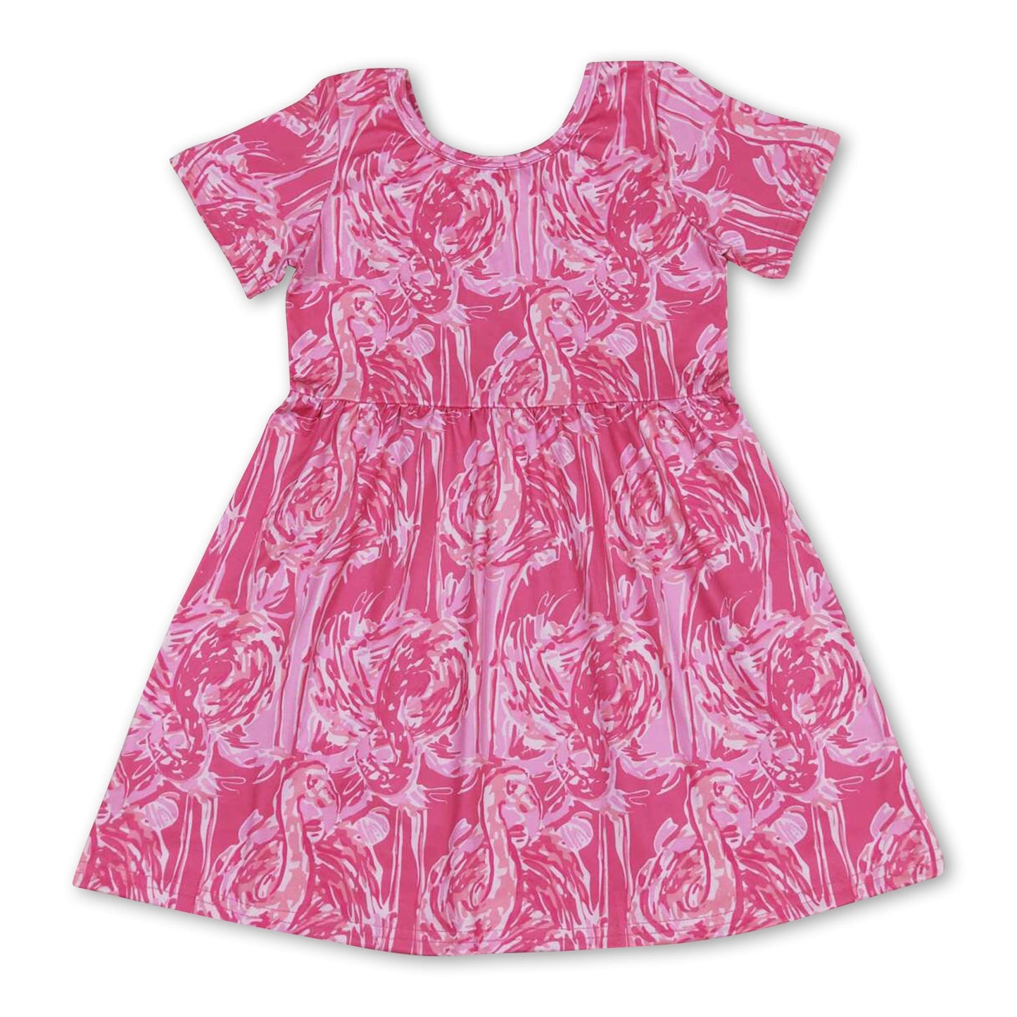 Kurzärmeliges, fuchsiafarbenes Flamingo-Mädchen-Sommerkleid mit Aquarellmuster