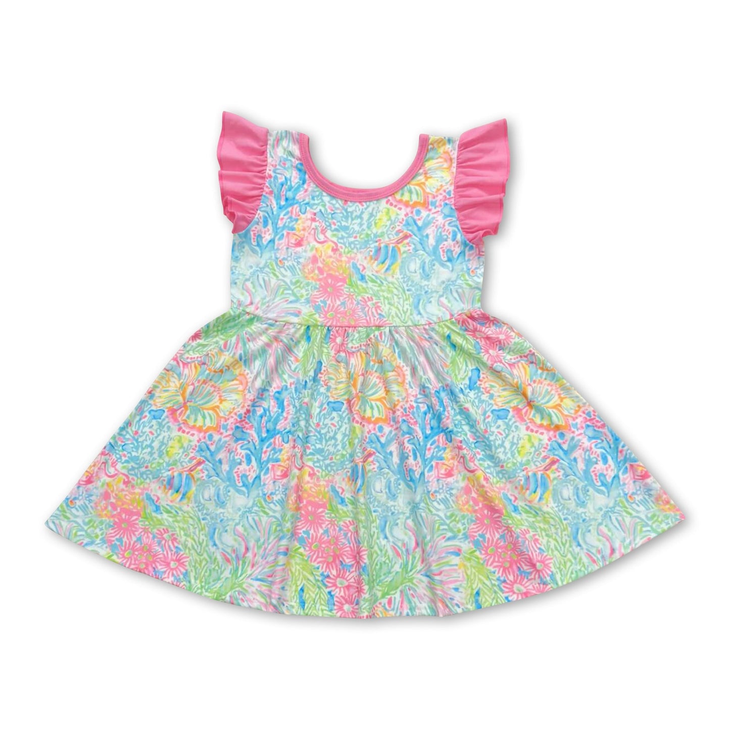 Mädchen Sommerkleid mit flatternden Ärmeln, Aquarell-Fischen und Algenmuster
