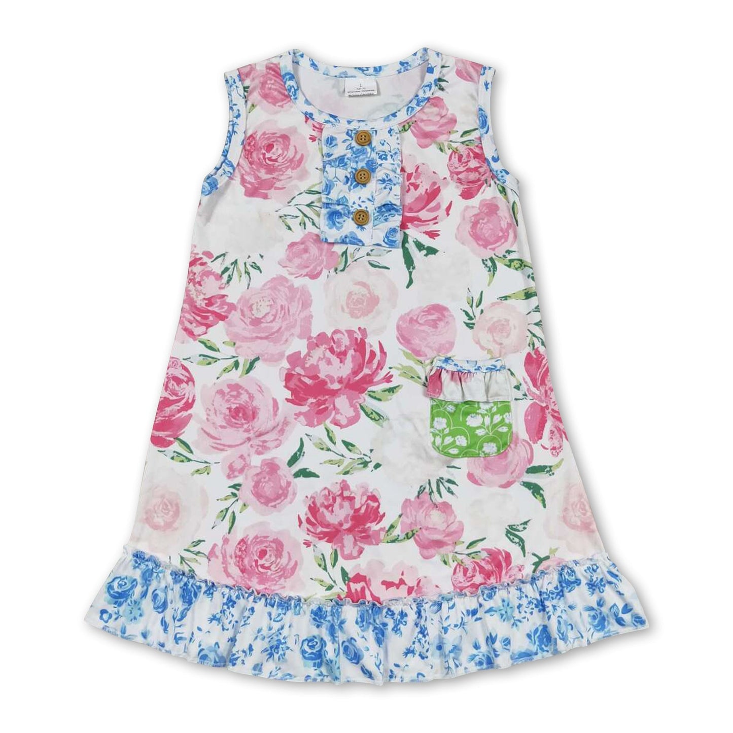 Ärmelloses Nachthemd mit Blumenmuster, Taschen und Rüschen für Mädchen