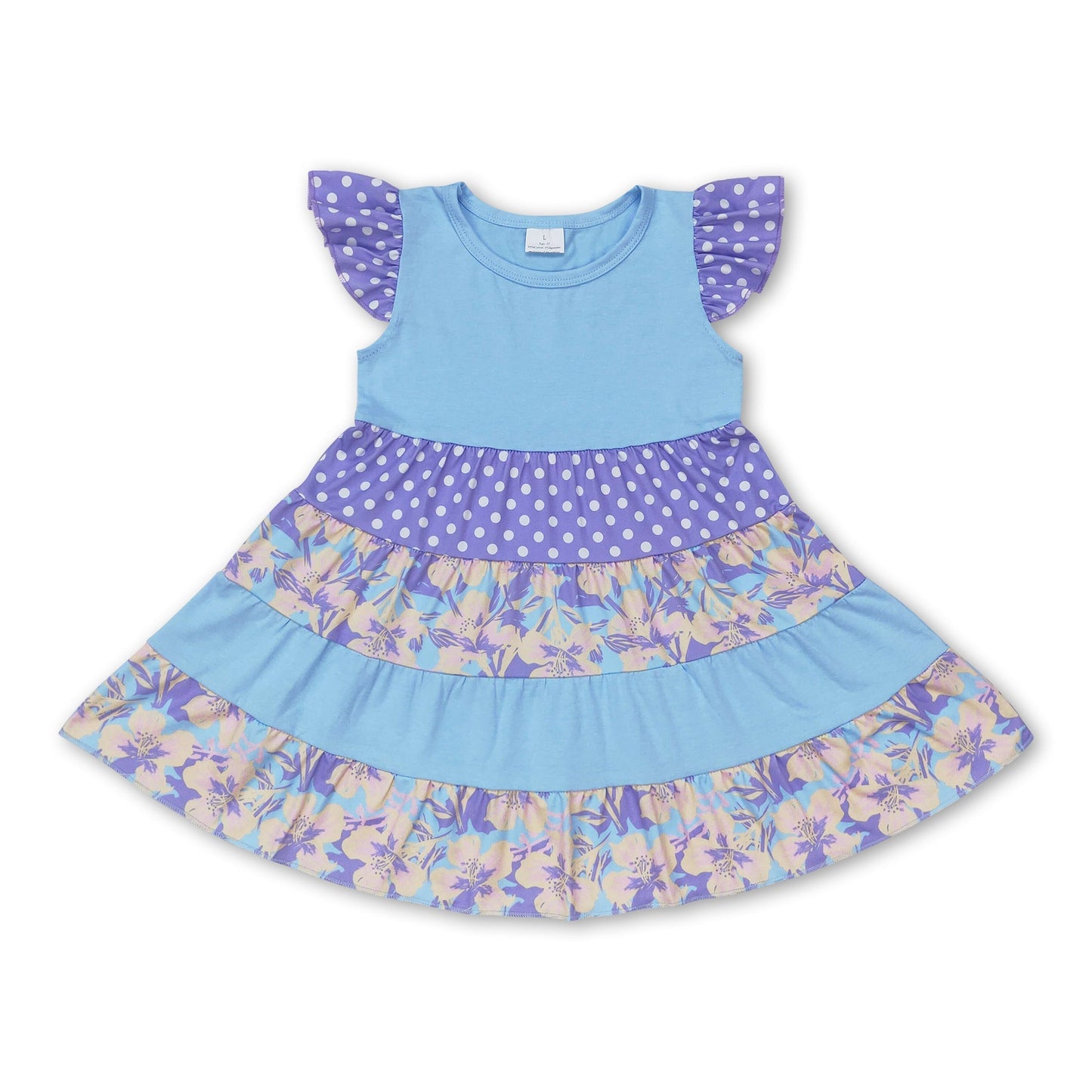 Mädchenkleid mit flatternden Ärmeln, hellblauen Tupfen und floralem Patchwork