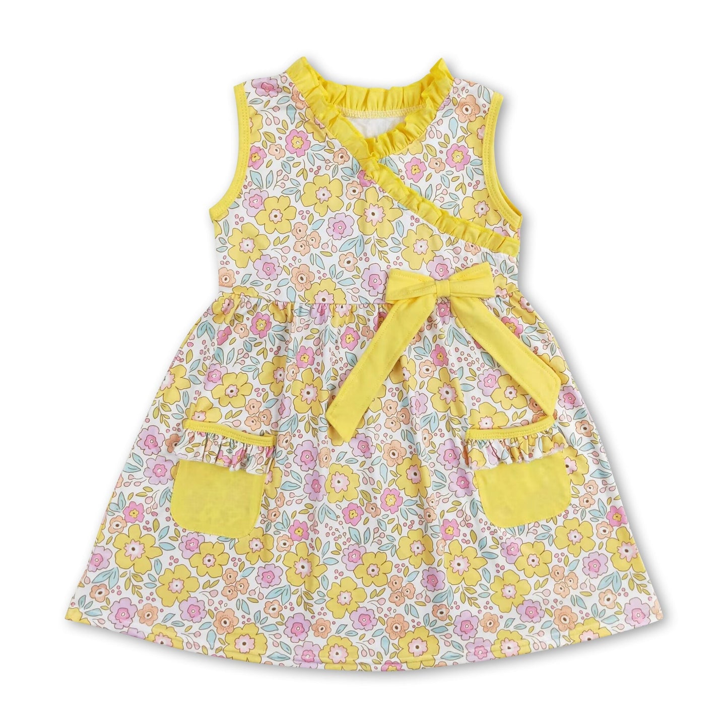 Gelbe ärmellose Kleider mit Blumenmuster und Taschen für Babymädchen