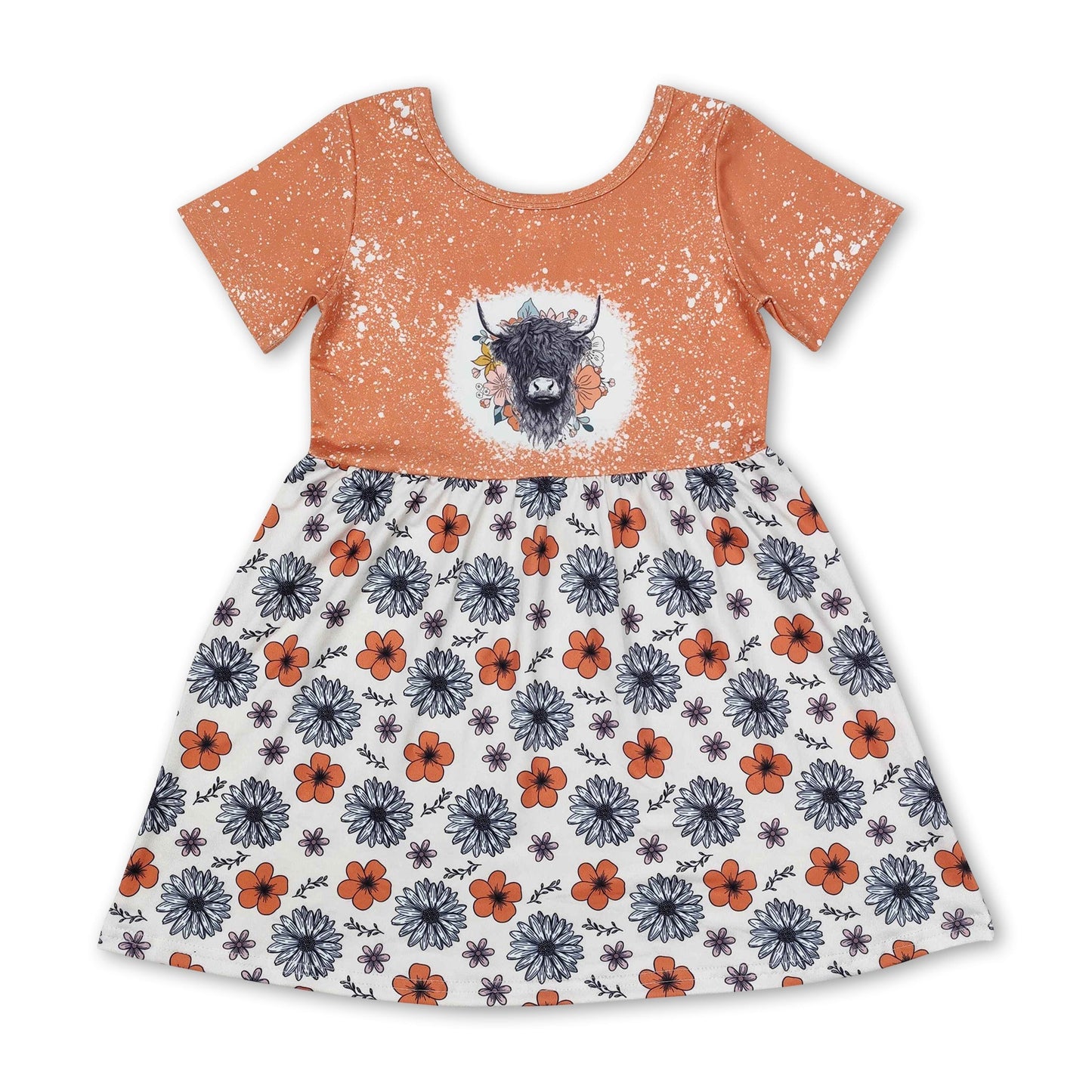 Kurzärmeliges Hochlandrind-Blumenkleid für Mädchen