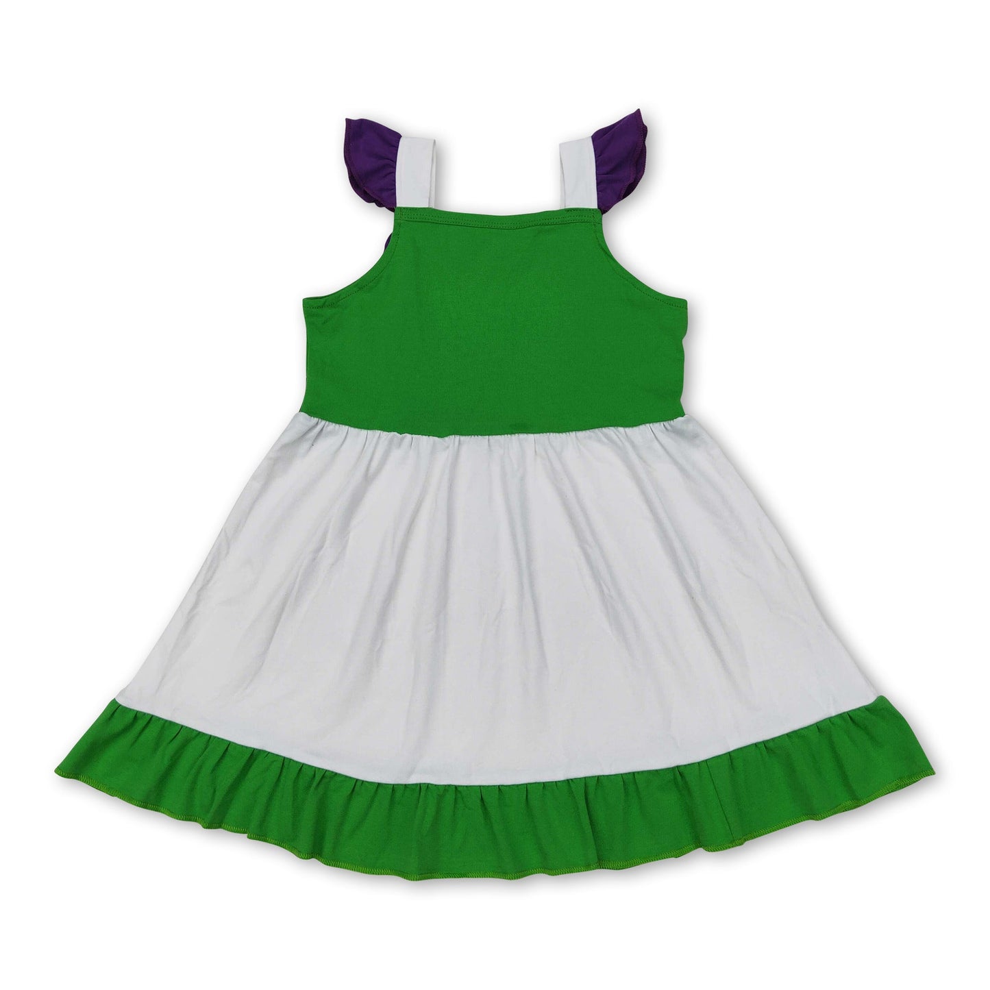 Weiß-grün-violettes Prinzessinnenkleid für Mädchen mit Volantärmeln und Rüschen