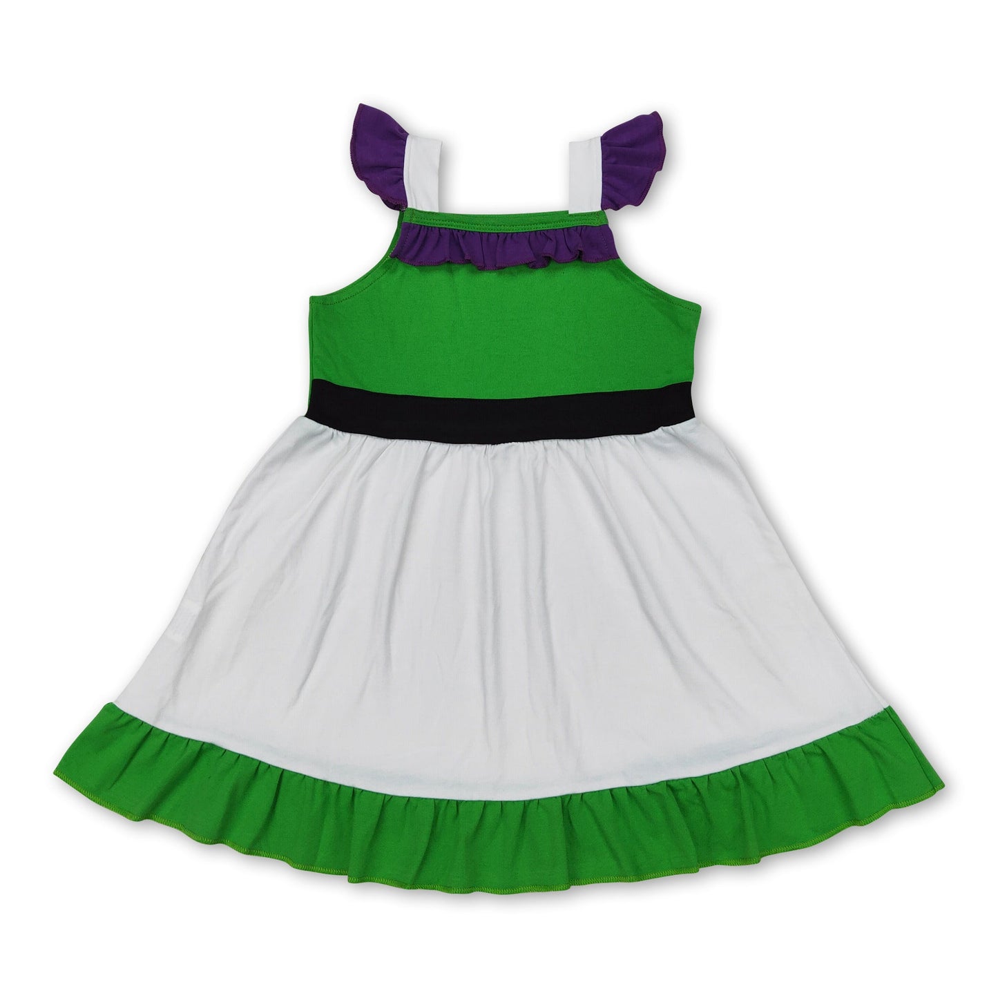 Weiß-grün-violettes Prinzessinnenkleid für Mädchen mit Volantärmeln und Rüschen