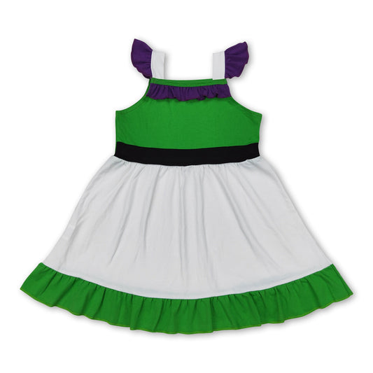 Weiß-grün-violettes Prinzessinnenkleid für Mädchen mit Volantärmeln und Rüschen