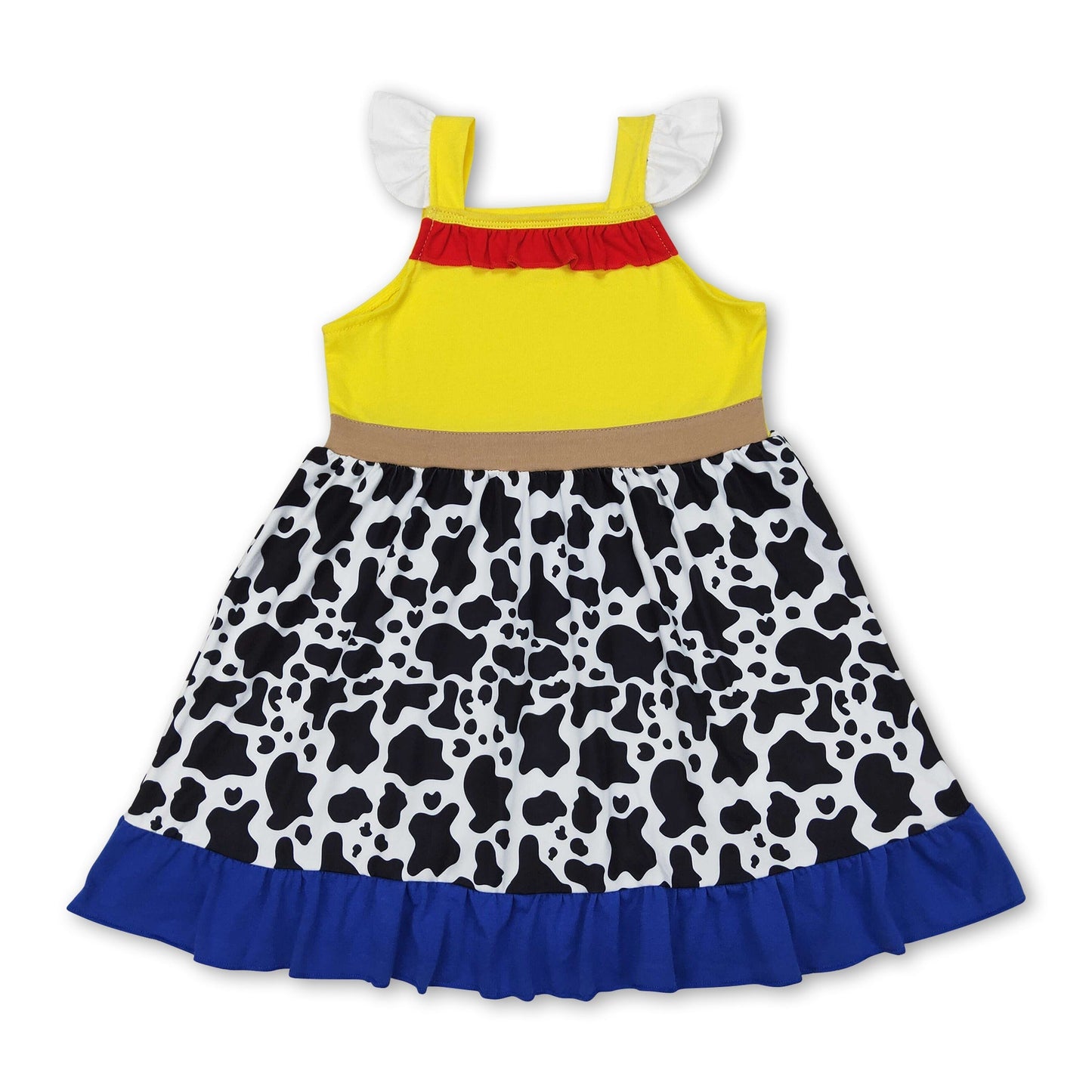Gelbes Kuhfell-Print Babykleid mit Volantärmeln und Rüschen
