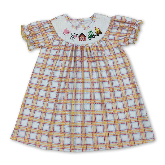 Cow tractor plaid short sleeves farm girls dresses