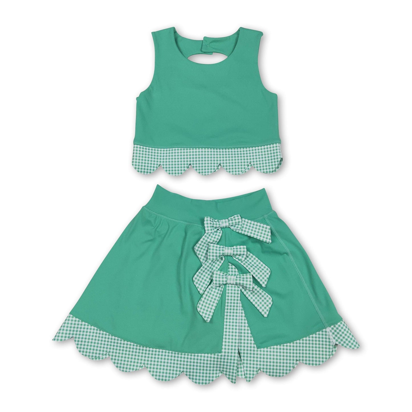 Ärmelloses grünes Crop Top karierter Rock mit Schleife Active Set für kleine Mädchen