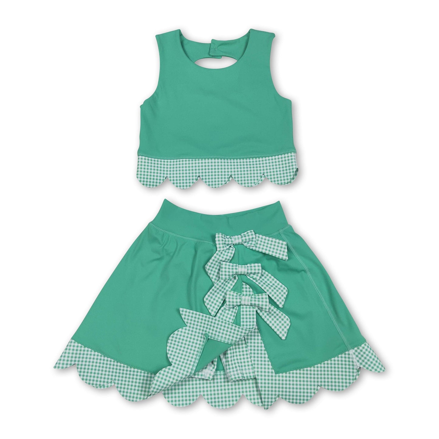Ärmelloses grünes Crop Top karierter Rock mit Schleife Active Set für kleine Mädchen