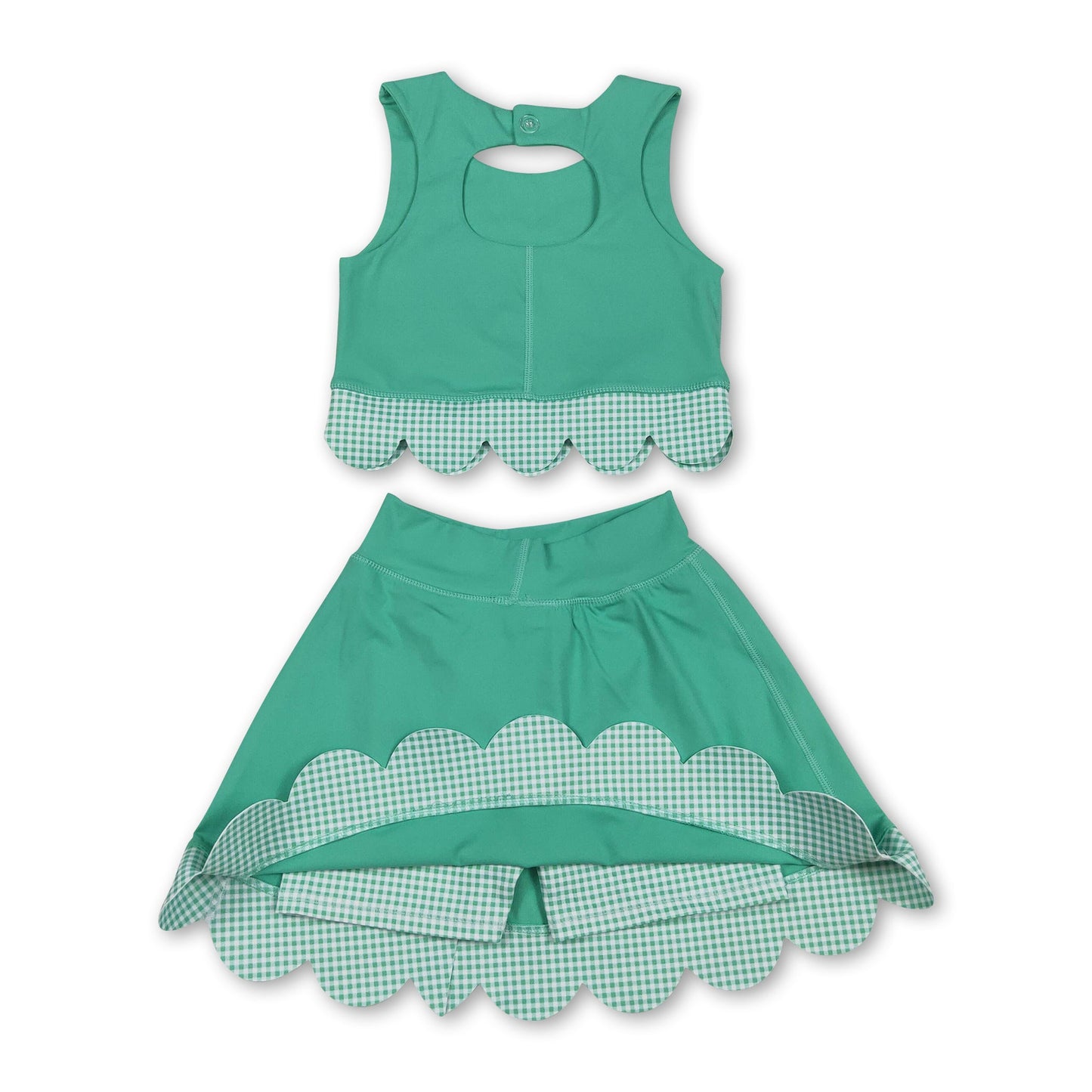 Ärmelloses grünes Crop Top karierter Rock mit Schleife Active Set für kleine Mädchen