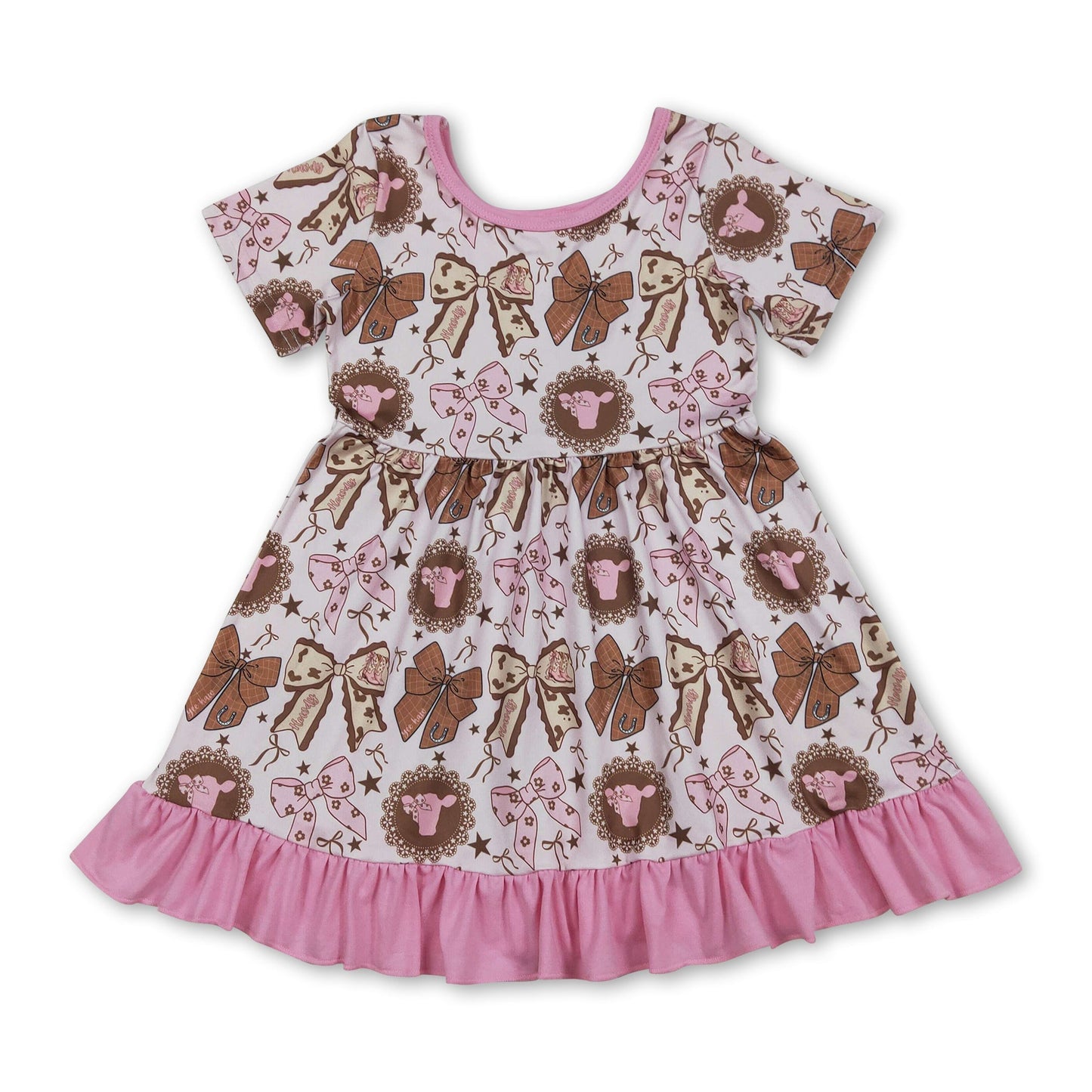 Kurzarm-Kleider für Mädchen im Western-Stil mit pinkfarbenen Rüschen und Kuh-Schleife