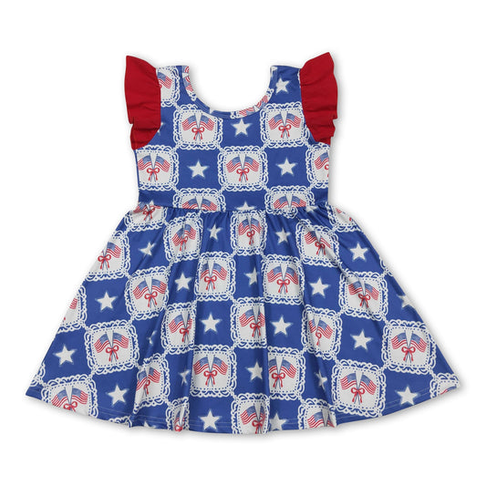 Flutter sleeves flag bow stars girls 4th of july dresses