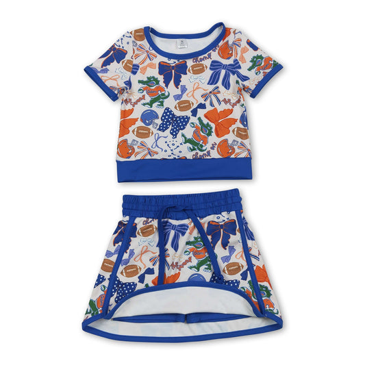 Blue bow crocodile top skirt girls team active wear set