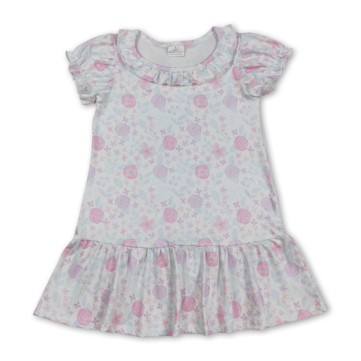 Kurzärmliges rosa-lavendelfarbenes Blumenrüschenkleid für Mädchen