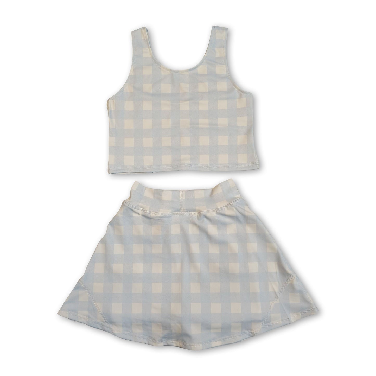 Ärmelloses himmelblaues kariertes Crop-Top-Rock-Kinder-Mädchen-Sportset
