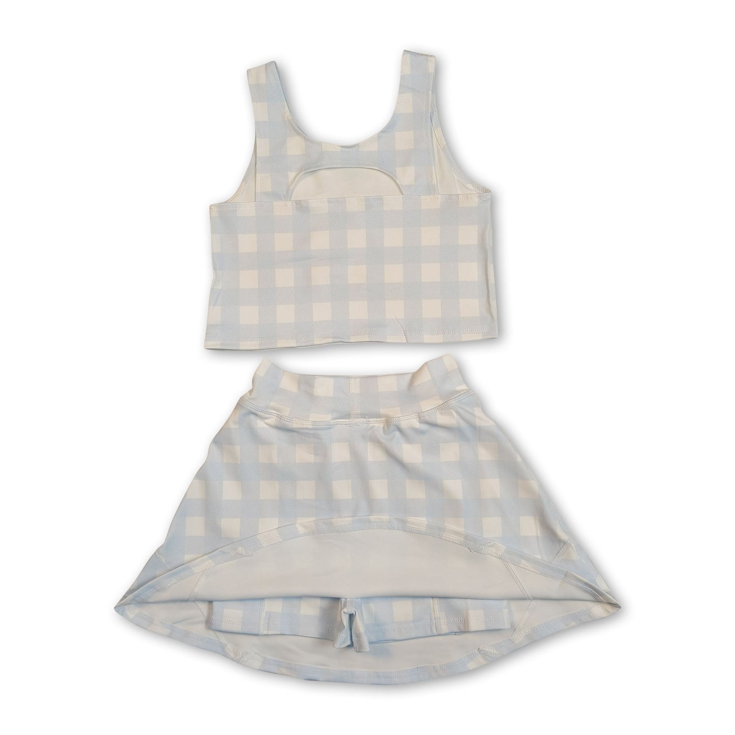 Ärmelloses himmelblaues kariertes Crop-Top-Rock-Kinder-Mädchen-Sportset